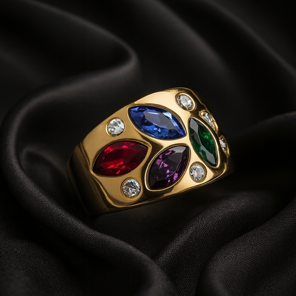 Elegant Gold Multicolor Marquise Gemstone Ring – Vibrant Statement Jewelry